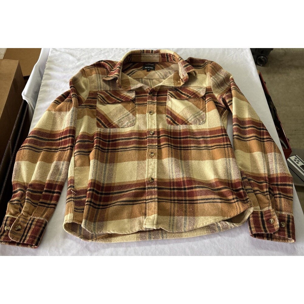 Brixton Bowery Plaid Flannel Shirt Mens Small Brown Rust Gold Long Sleeve